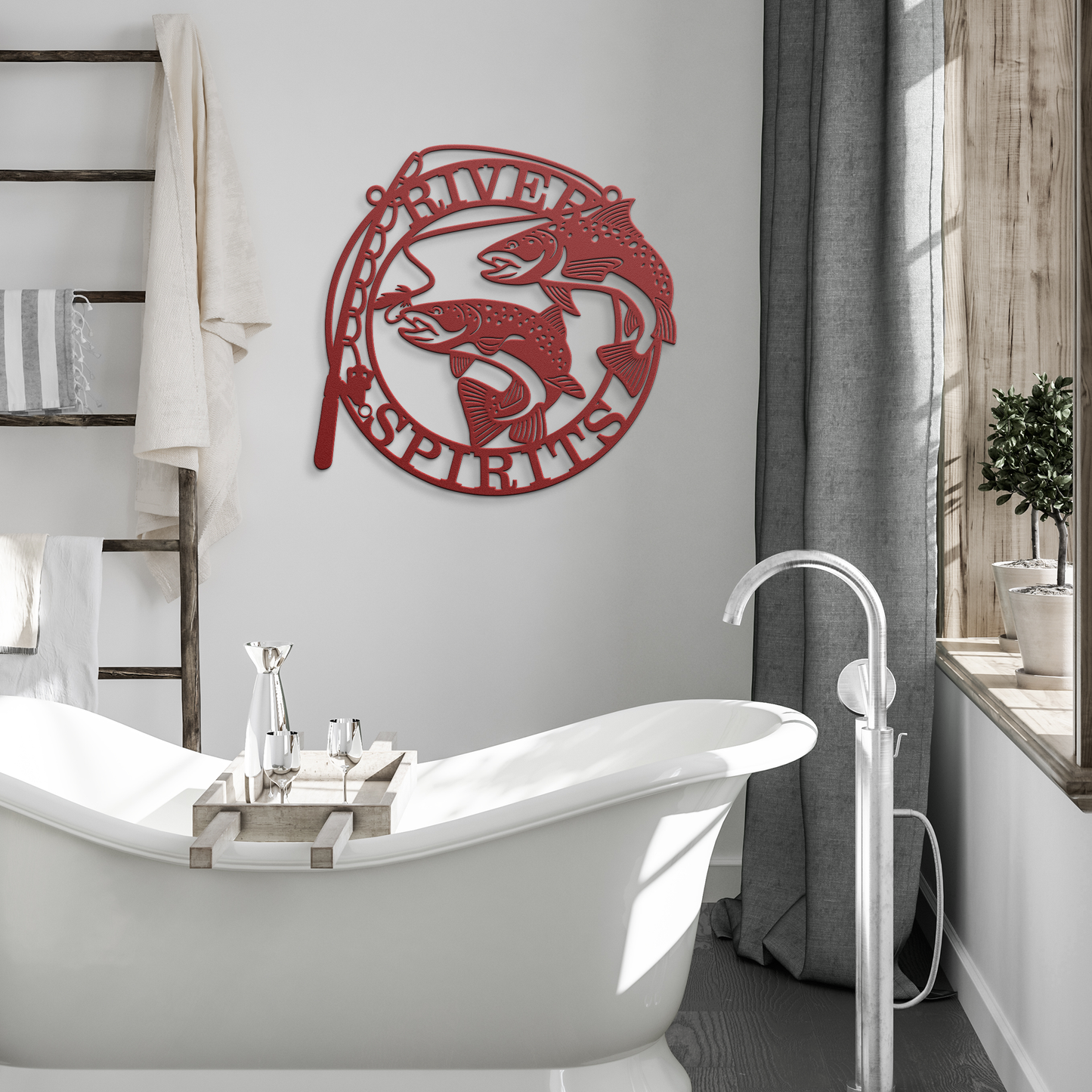 Bold red metal fishing wall art of largemouth bass displayed in modern bathroom – gift idea for fishing lovers