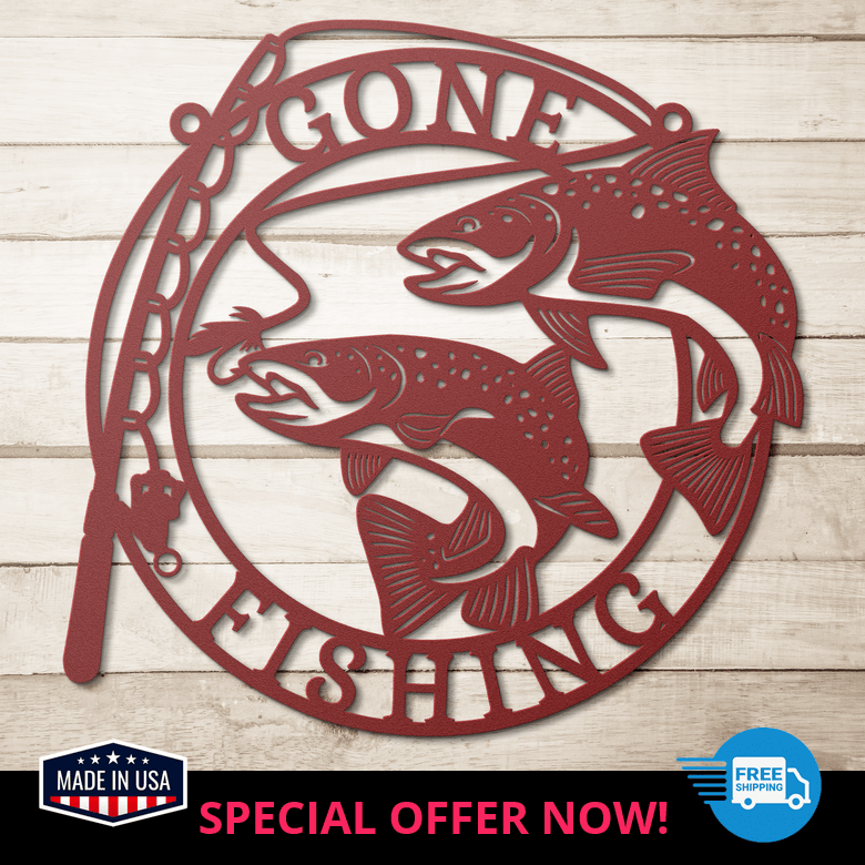 Red powder-coated River Spirits metal fishing wall art against wooden background – lakeside or cabin wall decor