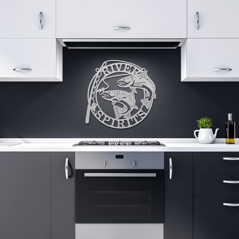 Silver finish River Spirits wall art in modern dark kitchen – sleek fishing decor for home or gift
