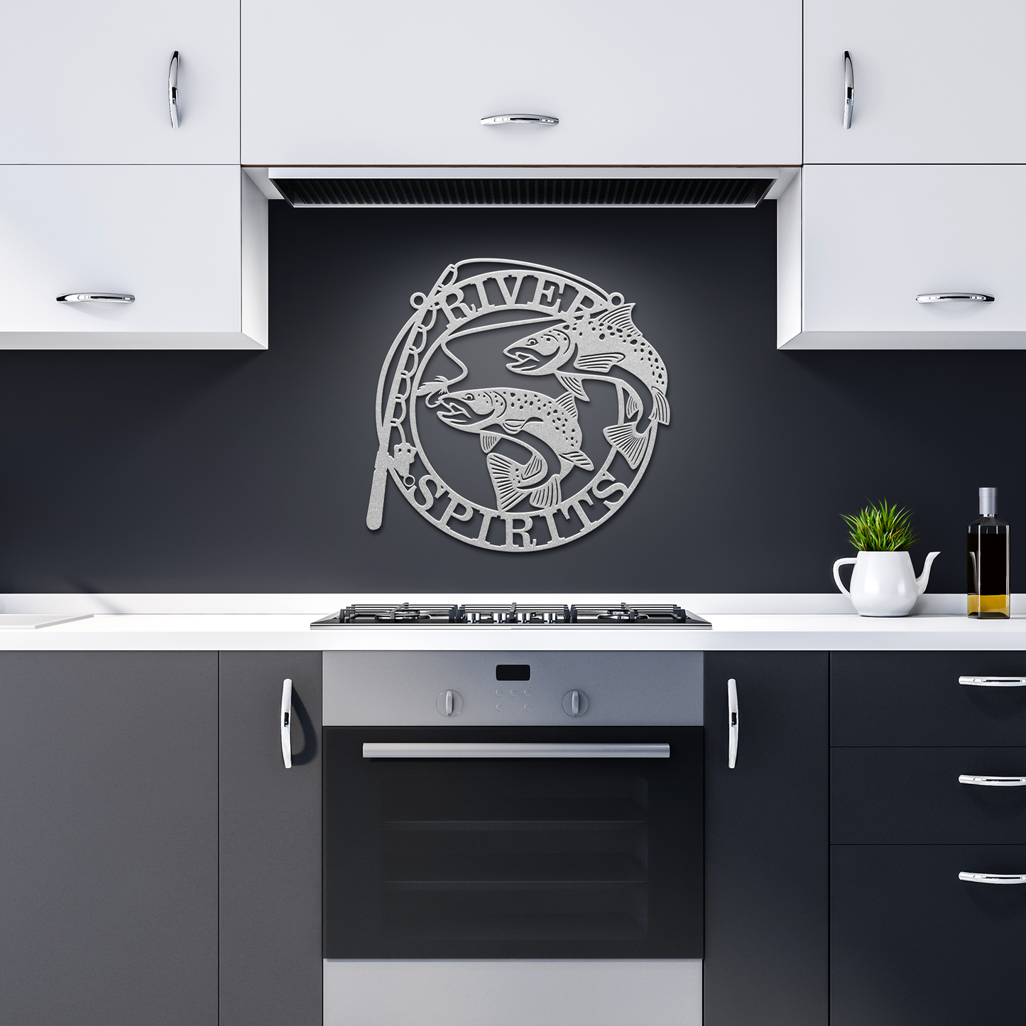 Silver finish River Spirits wall art in modern dark kitchen – sleek fishing decor for home or gift