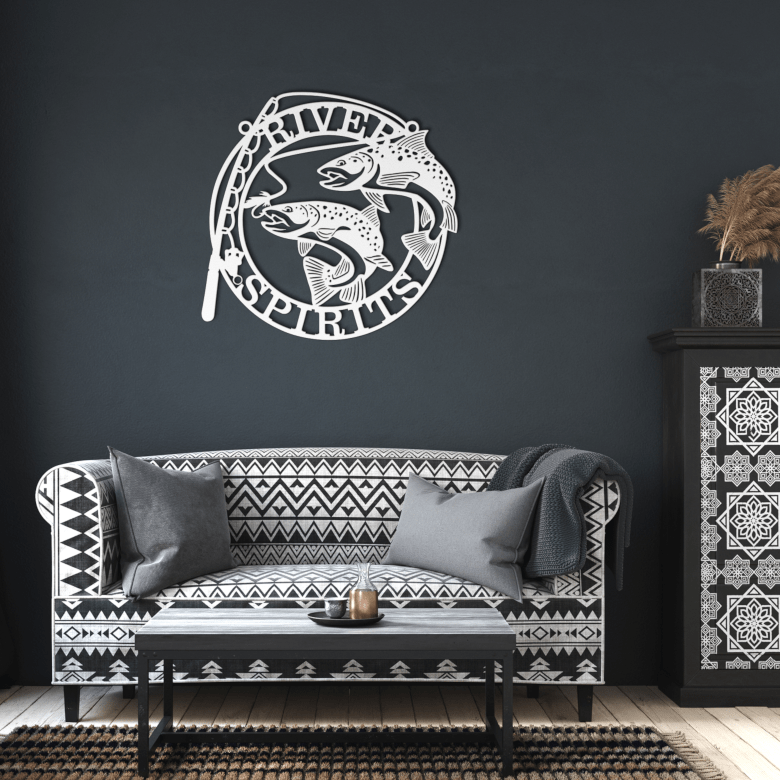 White metal fishing art featuring largemouth bass in dark cozy living room – nature-themed man cave piece