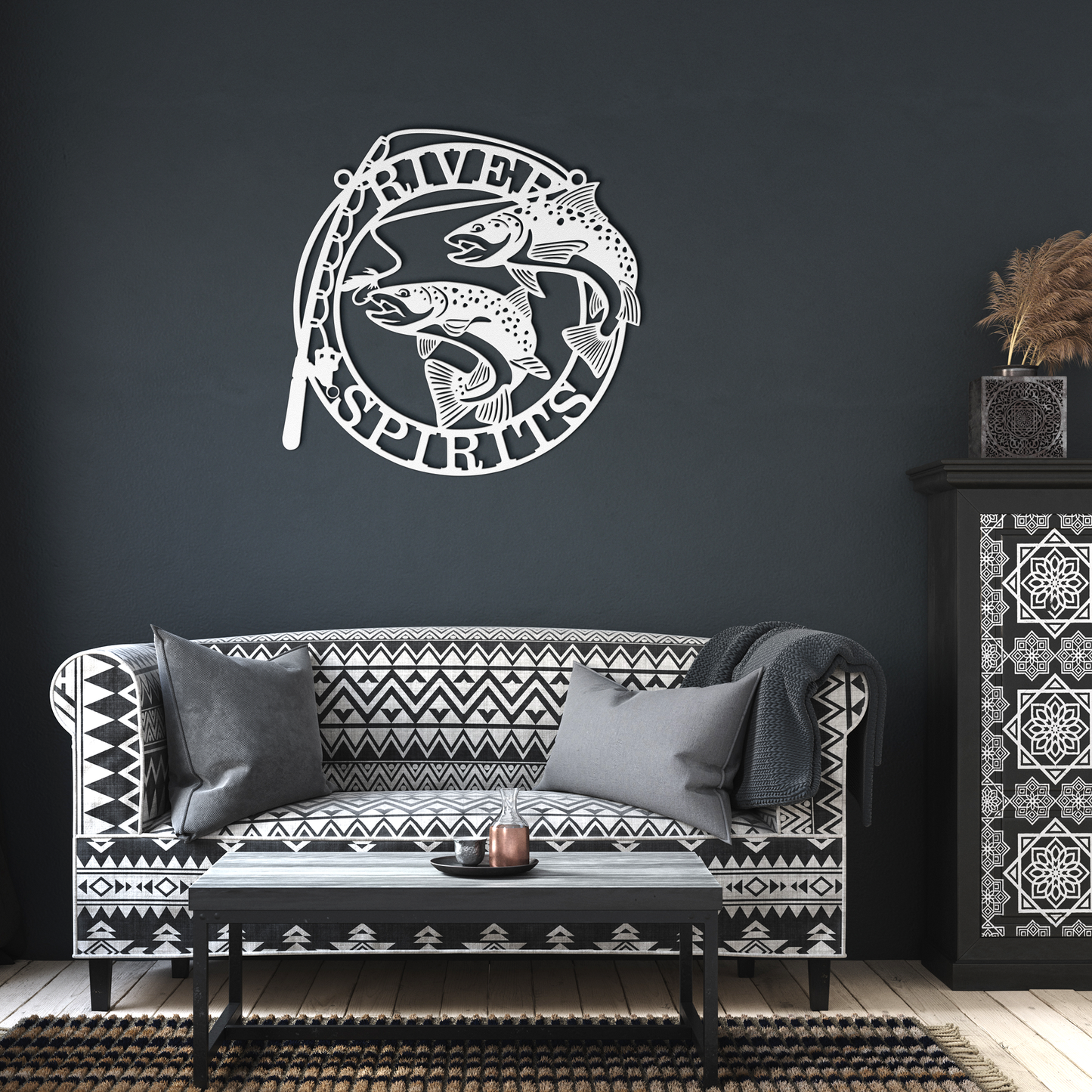 White metal fishing art featuring largemouth bass in dark cozy living room – nature-themed man cave piece