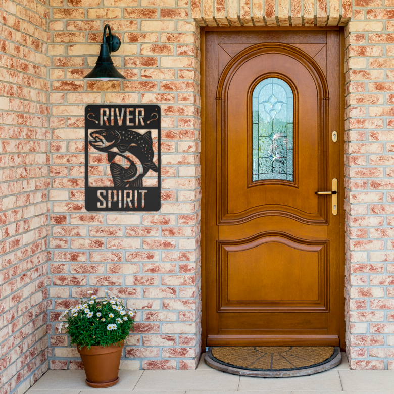 River_Trout_Metal_Wall_Art_Black_Brick_Entrance_Mockup.png