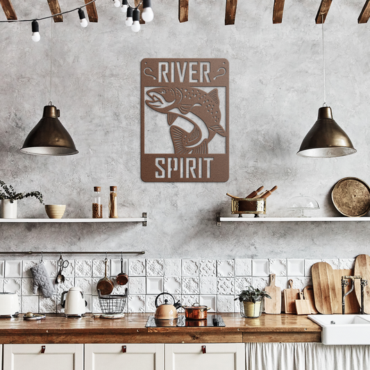River trout metal wall art in copper finish featuring detailed trout with customizable text areas in rustic kitchen setting