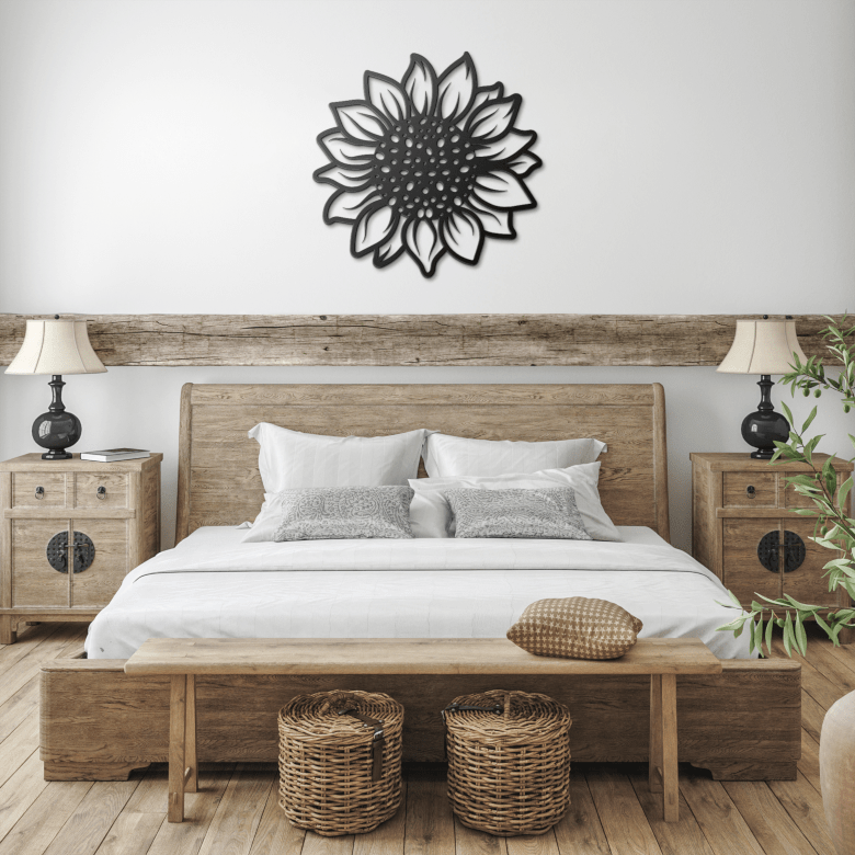 Black sunflower metal wall art decor accents a cozy farmhouse-style bedroom, bringing strength and warmth to a nature-inspired sleep sanctuary.