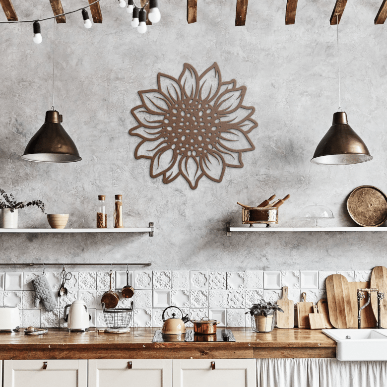 Copper sunflower steel wall art featured in a rustic farmhouse kitchen above a coffee station, infusing the space with warmth and morning energy.