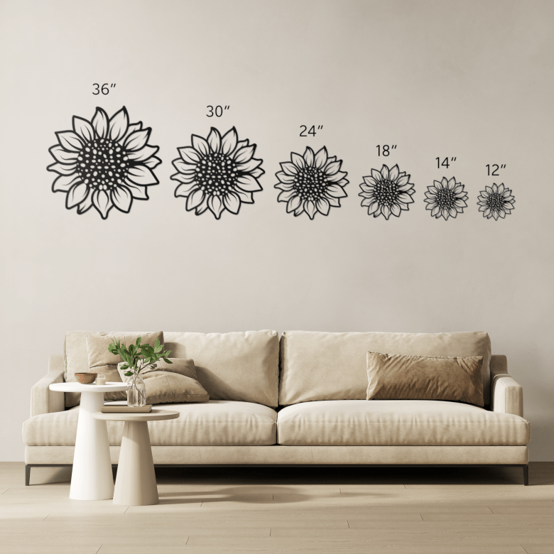 Visual display of all available sizes for the sunflower metal wall art, from 12” to 36”, highlighting scalable options for kitchens, entryways, or gardens.