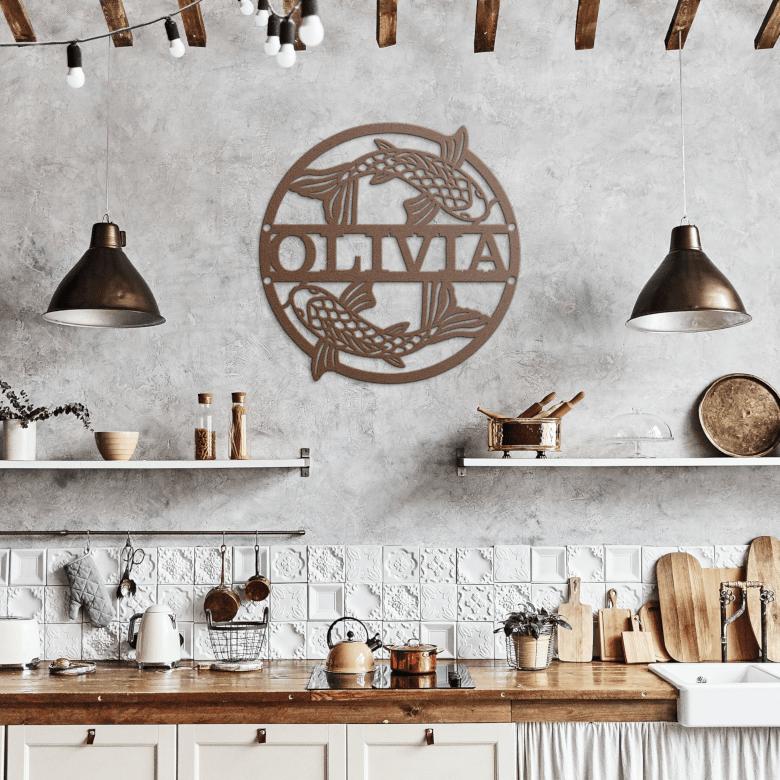 Rustic kitchen with copper koi fish wall art, representing warmth and harmony