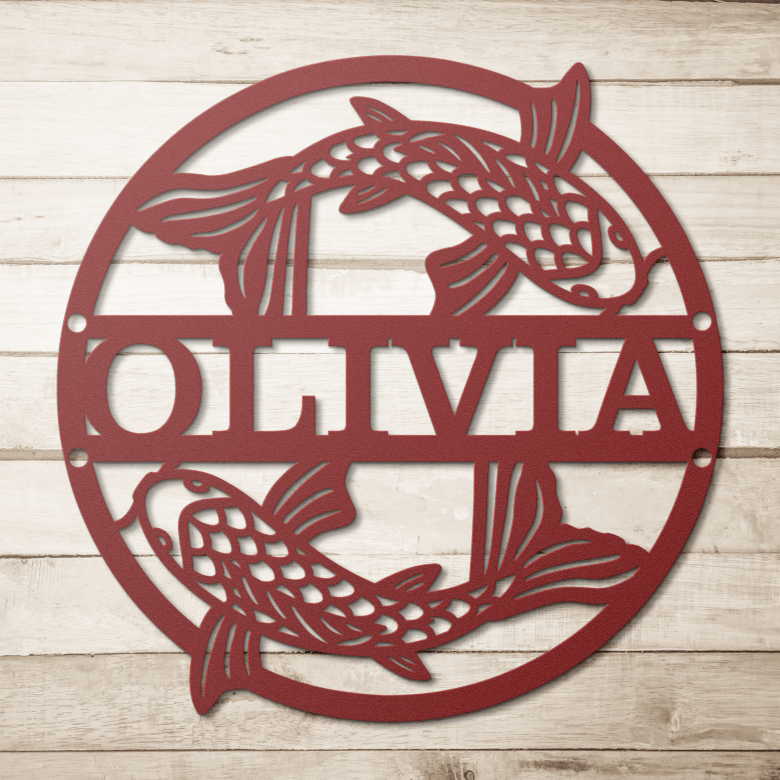Personalized red koi fish wall art on minimalist wooden background, perfect for calming toddler spaces