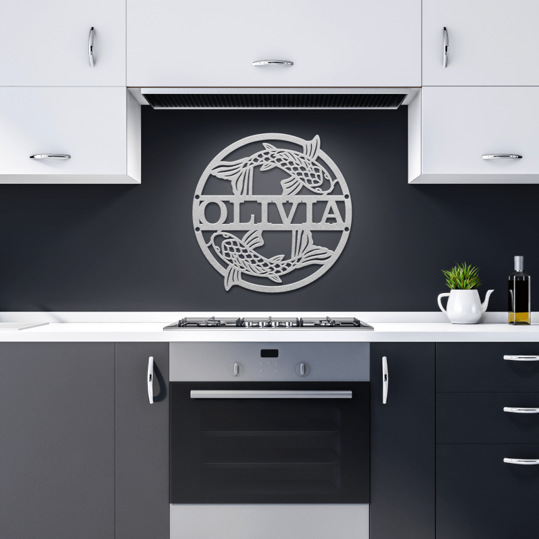 Silver koi fish metal art in modern kitchen, creating calm and reflective vibes