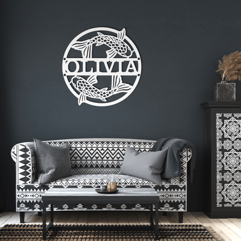 White koi fish wall art in a moody living room, symbolizing purity and balance in shared family spaces