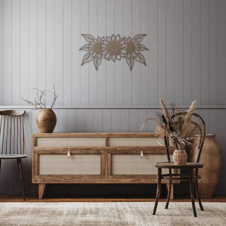 Copper triple sunflower metal wall art decor mounted in a rustic hallway, symbolizing abundance and welcoming energy.