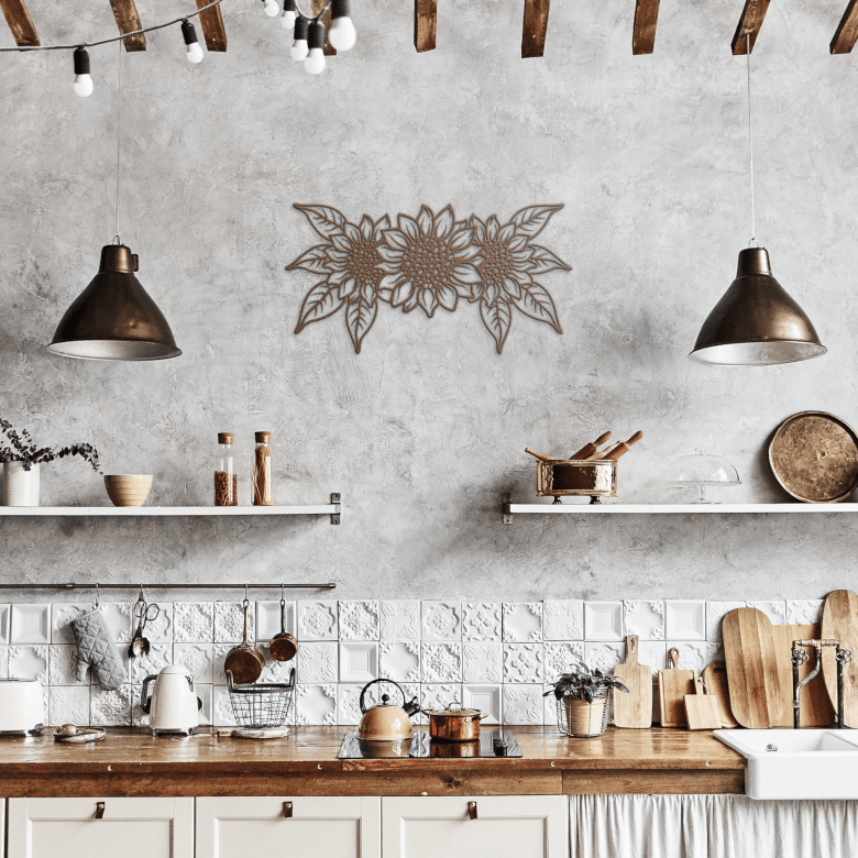 Triple sunflower metal wall art in copper finish displayed in a rustic kitchen, adding warmth and farmhouse charm.