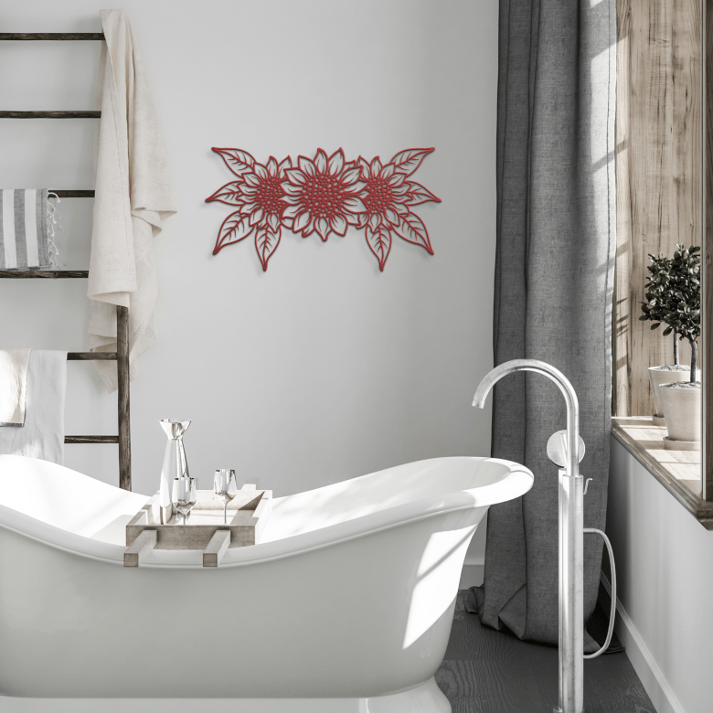 Red sunflower trio metal wall art in a modern bathroom, adding vibrant floral energy and contemporary style.
