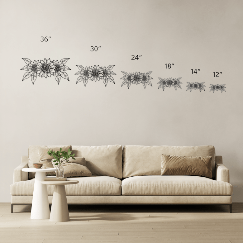 Triple sunflower metal wall art shown in multiple size options, offering design versatility for kitchens, entryways, and living rooms.