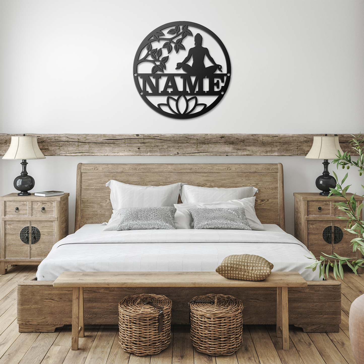 Elegant black yoga wall decor above bed in farmhouse-style bedroom
