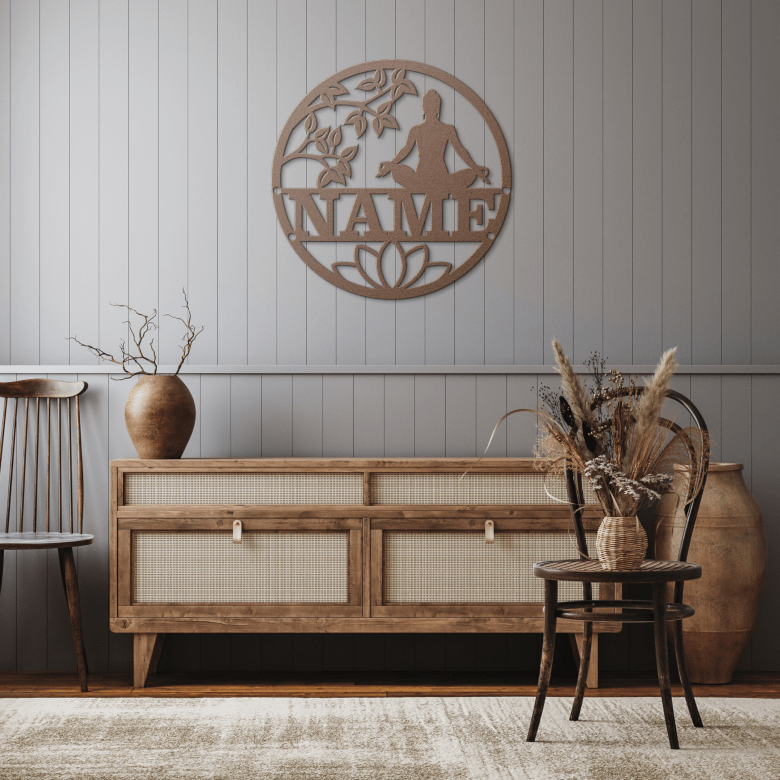 Copper yoga female metal wall art in rustic hallway with warm wood tones