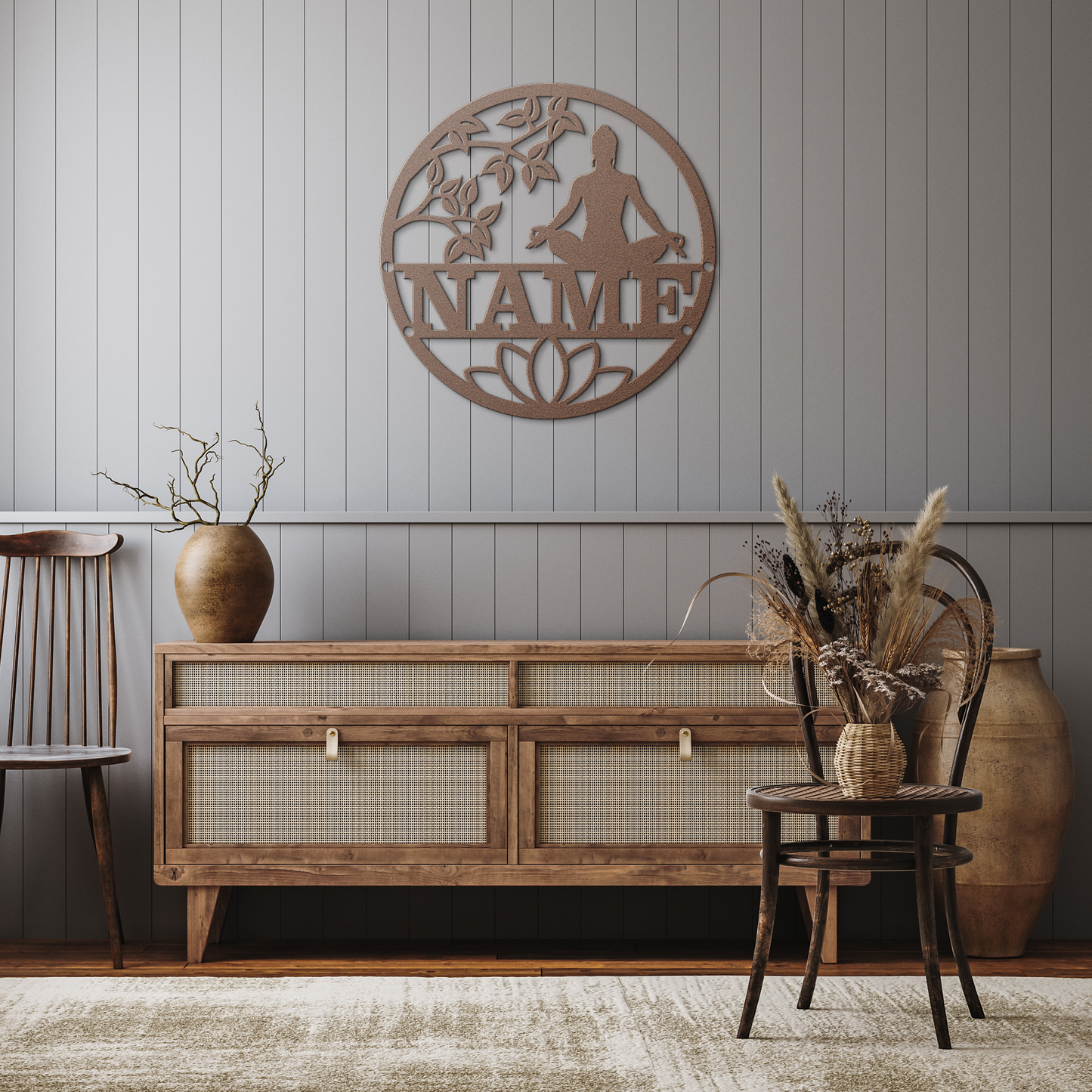 A copper-finished personalized yoga wall art piece, showing a female silhouette in a meditative pose, hanging on the wall of a rustic hallway with warm wood tones.