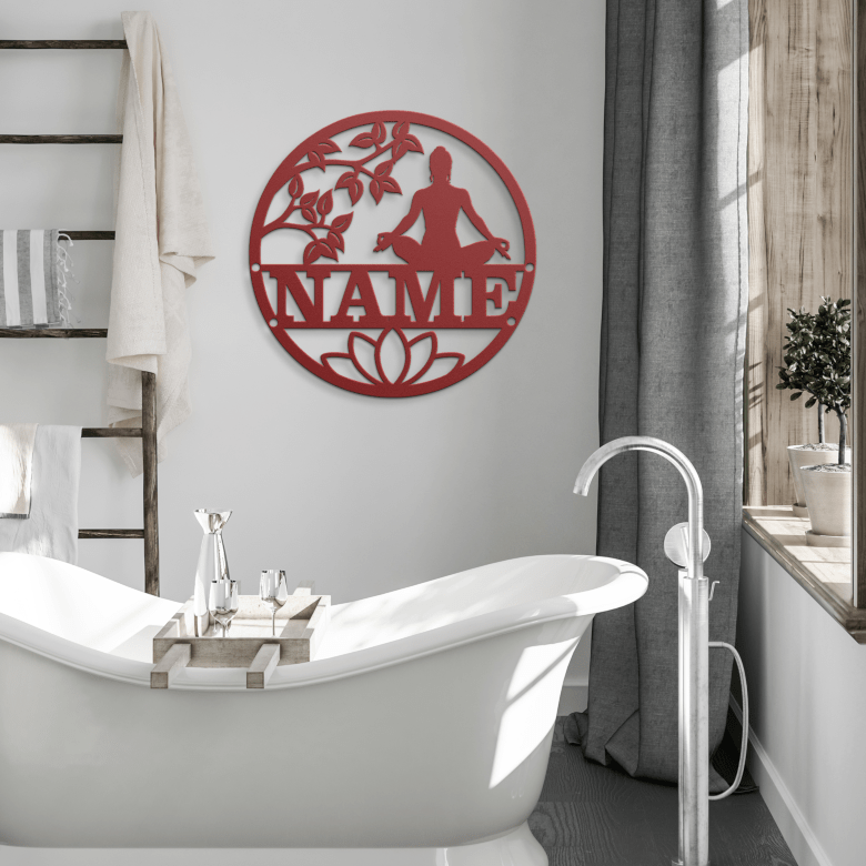 Red yoga metal wall art adding energy to modern minimalist bathroom