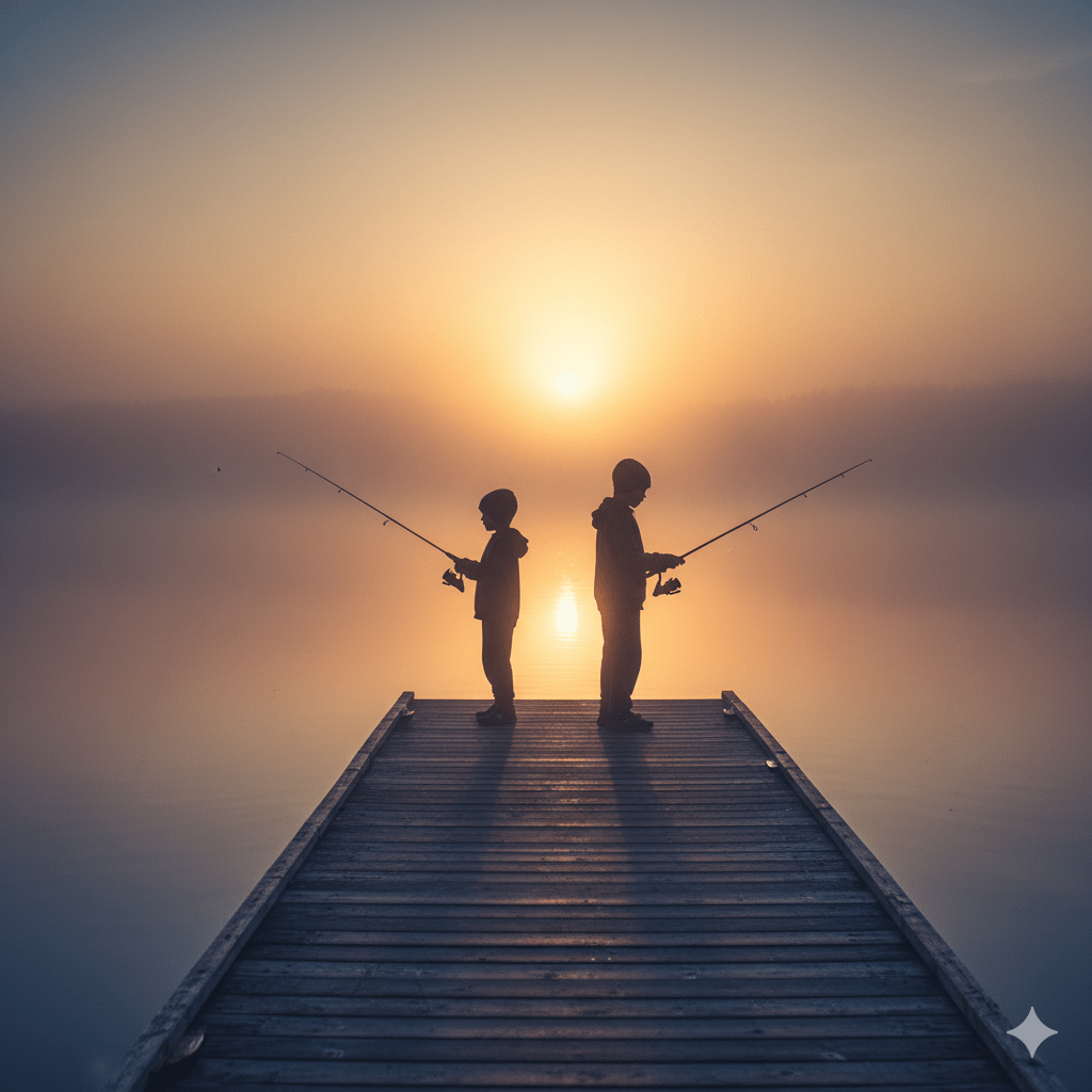 Father and his son/daughter fishing off a wooden dock at sunrise