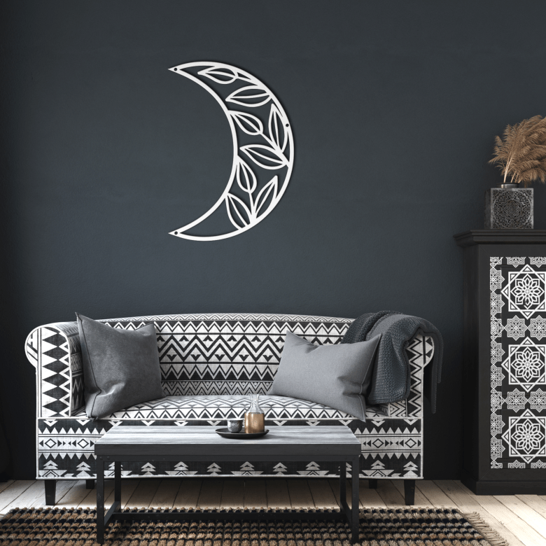 The Half Moon Leafy Metal Wall Art hanging in a serene, nature-inspired room.