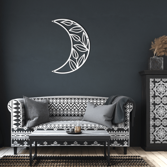 The Half Moon Leafy Metal Wall Art hanging in a serene, nature-inspired room.