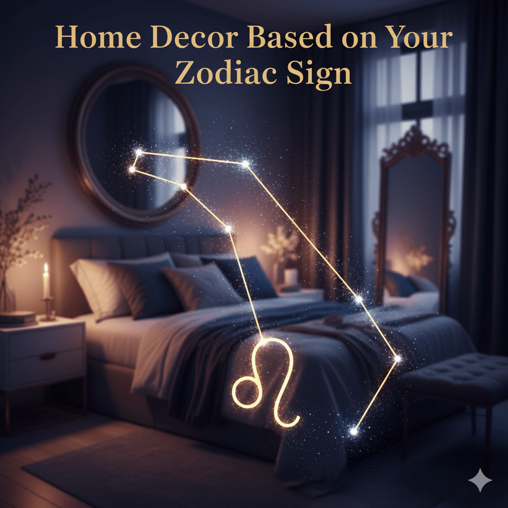 a constellation over a beautifully styled, out-of-focus bedroom