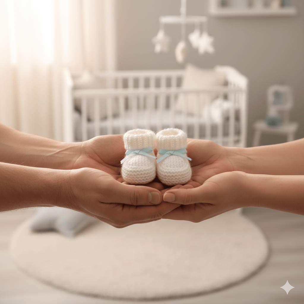 Adult hands holding a tiny pair of baby booties