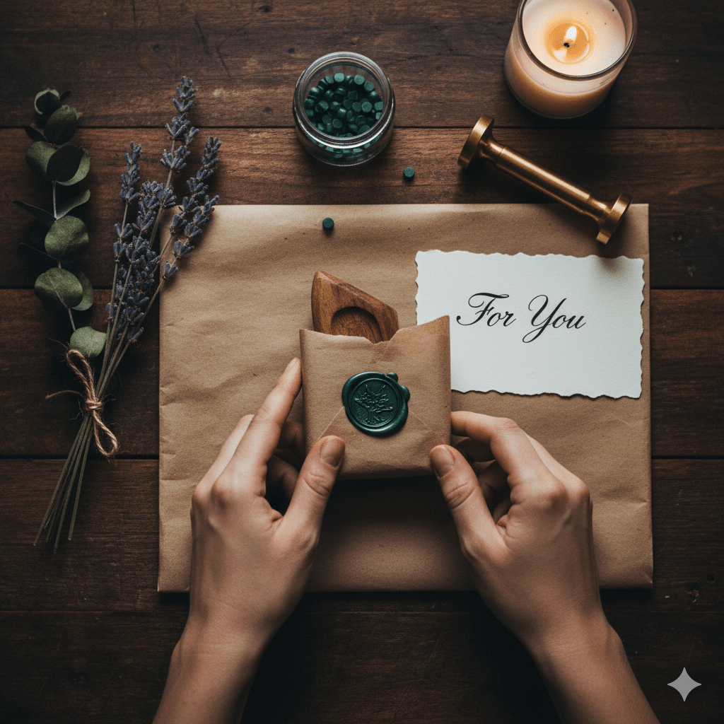 A person's hands carefully wrapping an artisan gift in brown craft paper