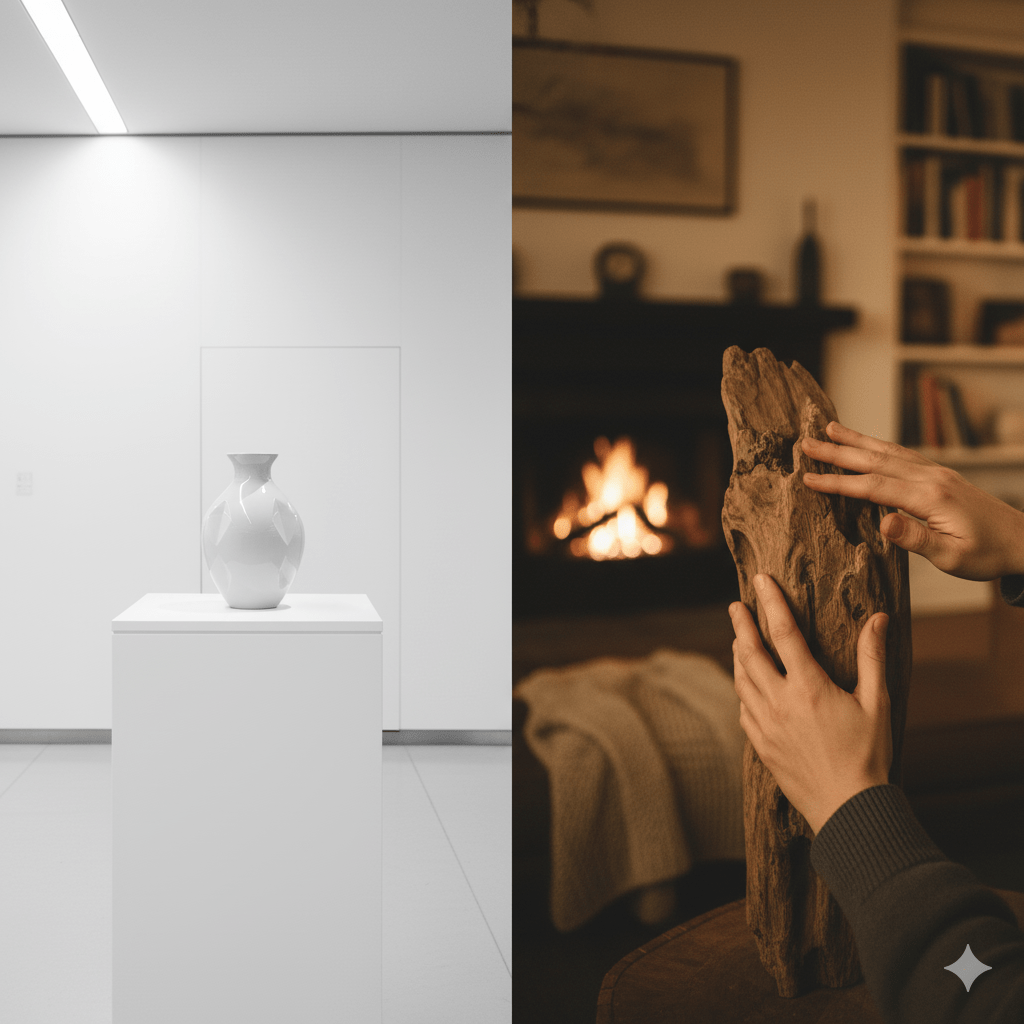 On the left home decor item in showroom. On the right a handcrafted piece of art