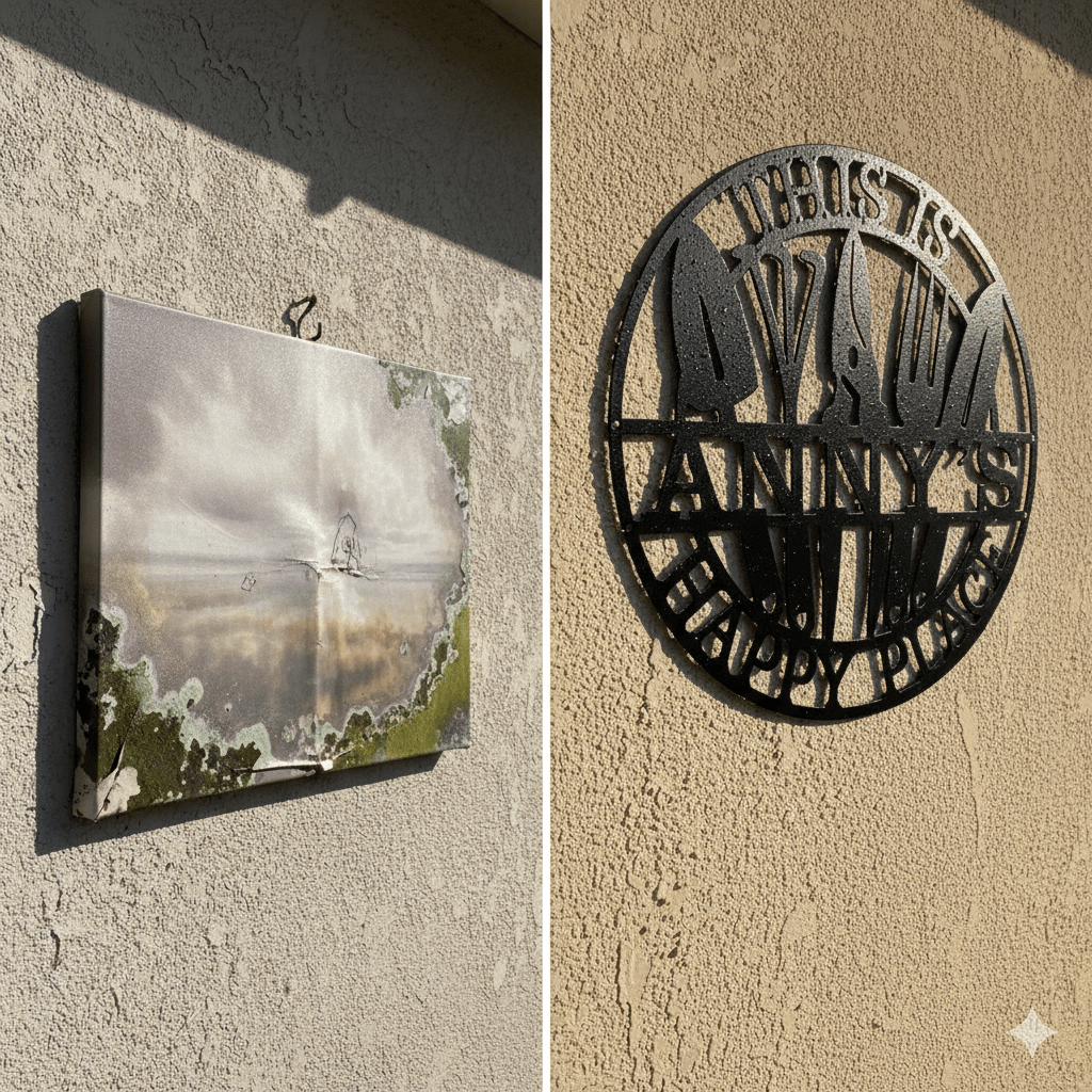 mildewed canvas print hanging on an outdoor patio wall