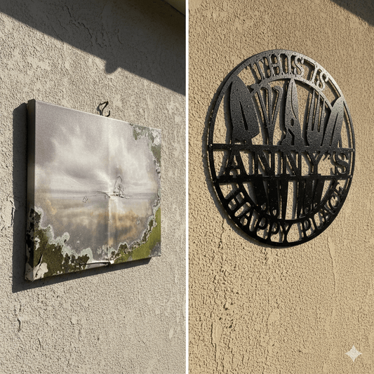 mildewed canvas print hanging on an outdoor patio wall