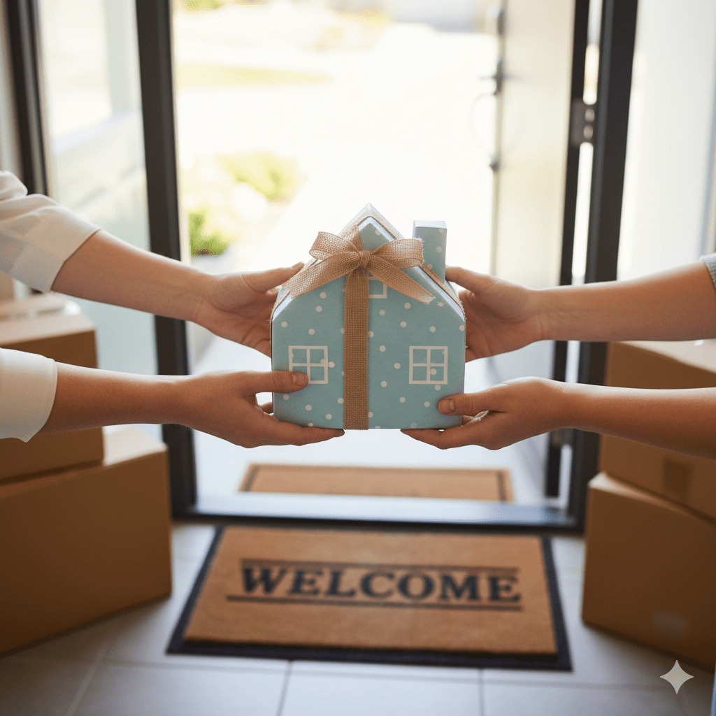 Person's hands giving a wrapped house-shaped gift to another person at the front door