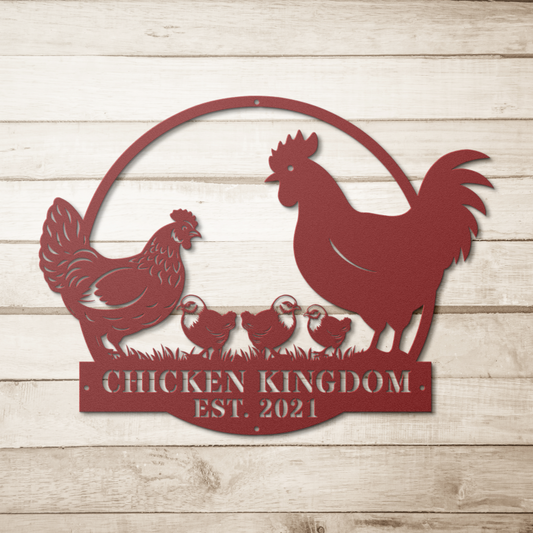 Chicken_Kingdom_Chicken_Coop_Metal_Sign_Red_Simple_Wood_BKGD_Mockup.png