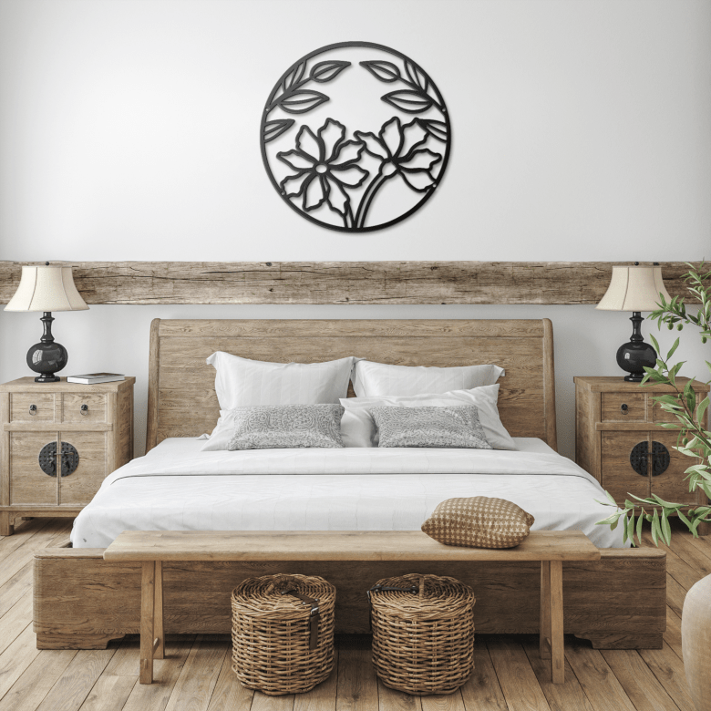 Black full moon floral metal wall art adding mystery to farmhouse bedroom decor