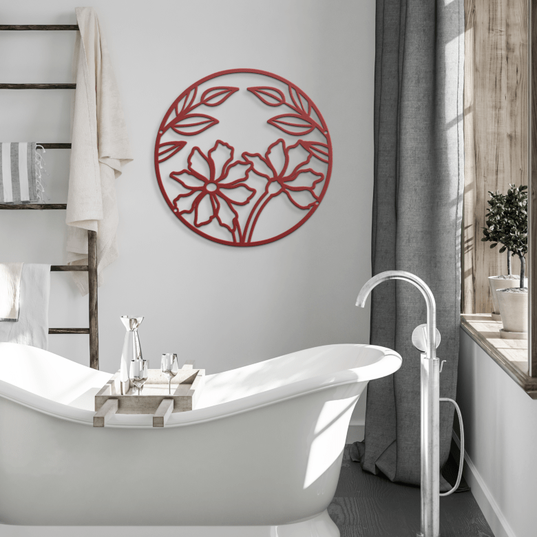 Red full moon floral wall art bringing vibrant lunar energy into a modern bathroom design
