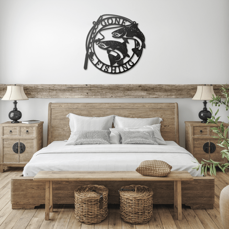 Gone Fishing' personalized metal sign in black farmhouse bedroom – unique fishing-themed bedroom decor