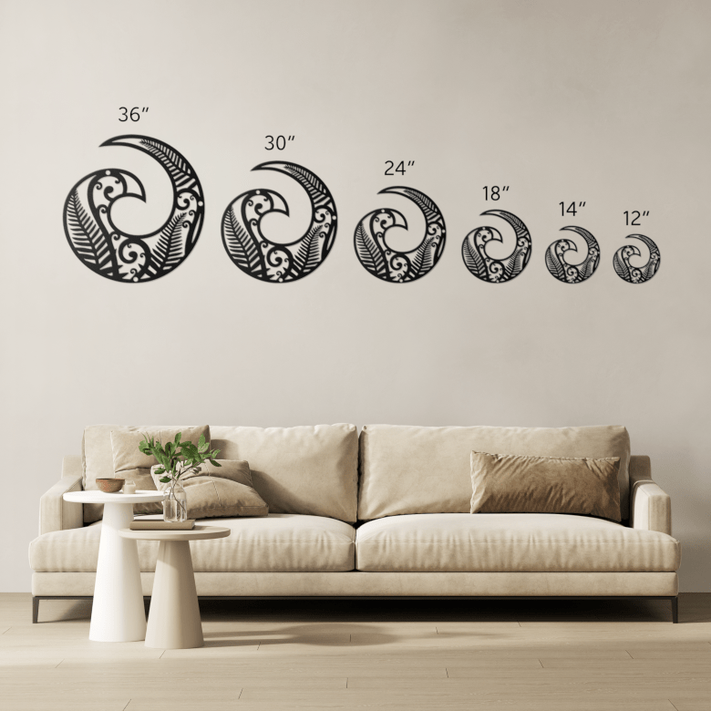 New Zealand Koru wall art shown in multiple size options for home display