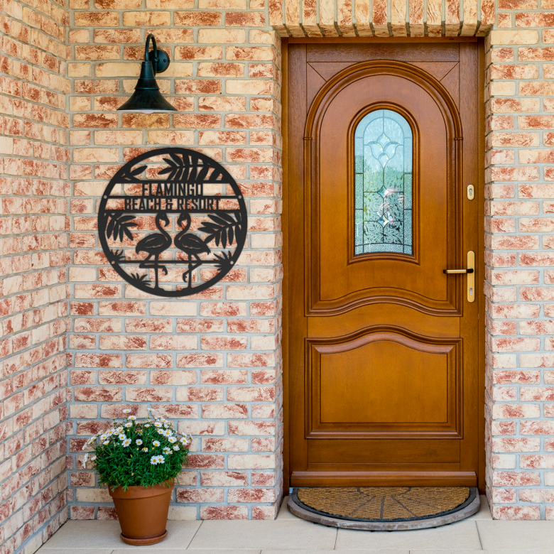 Personalized_Flamingo_Name_Metal_Sign_Black_Brick_Entrance_Mockup.png