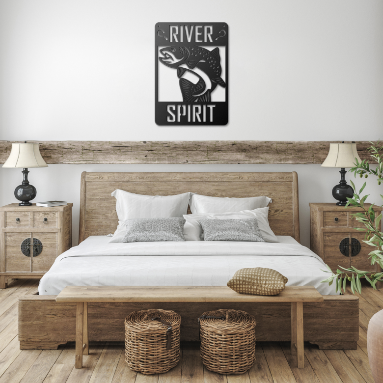 River_Trout_Metal_Wall_Art_Black_Farmhouse_Bedroom_Mockup.png