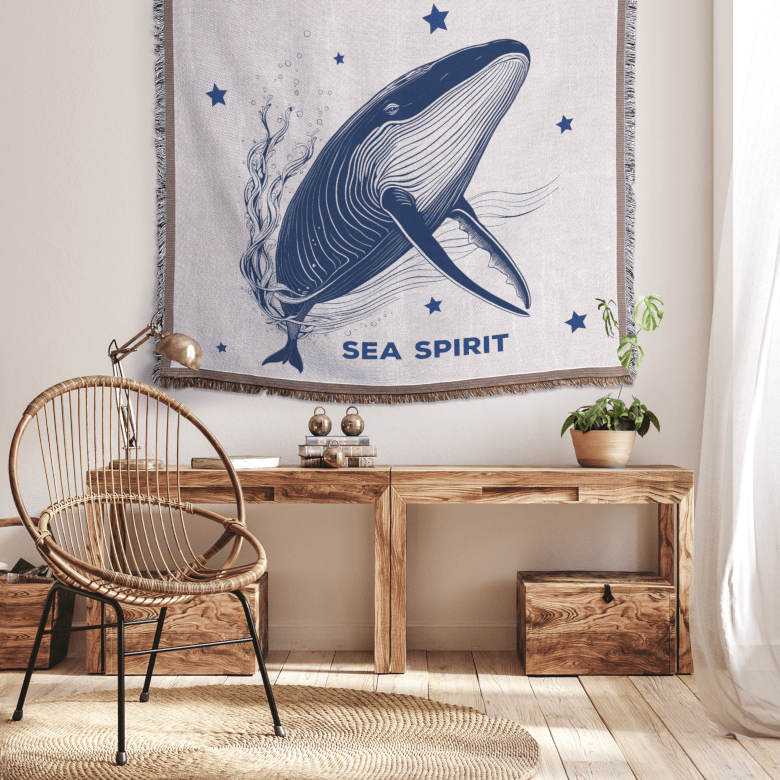 Main view of whale-themed woven throw, capturing cosmic calm and personalization option