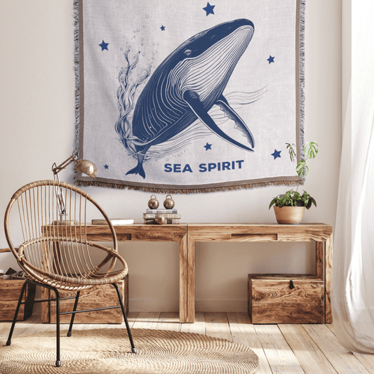 Blue whale woven blanket displayed as a tapestry, ideal for ocean-themed mindful spaces