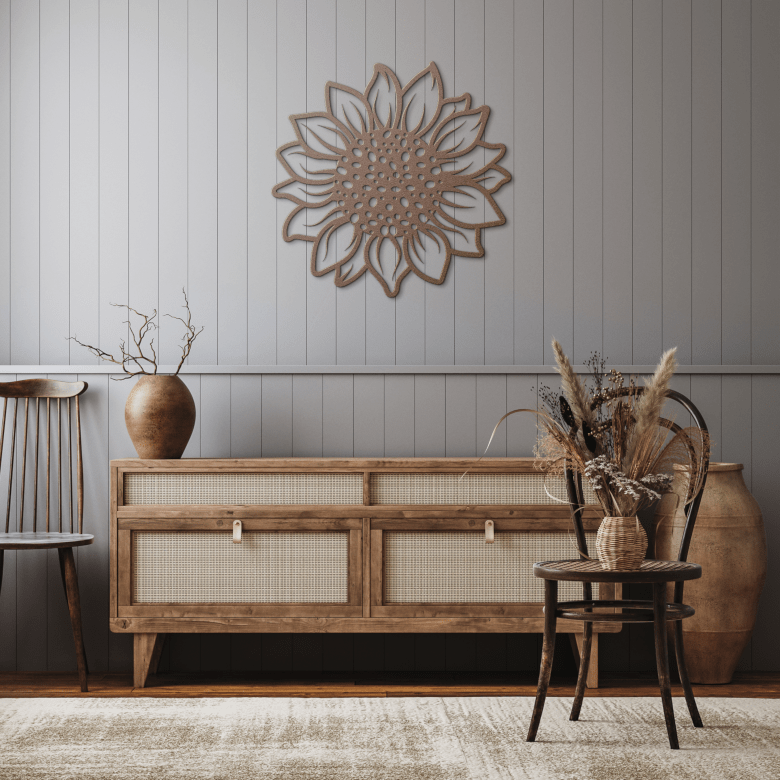 Copper sunflower metal wall decor placed in a narrow rustic hallway, welcoming guests with a soft glow and nature-inspired charm.