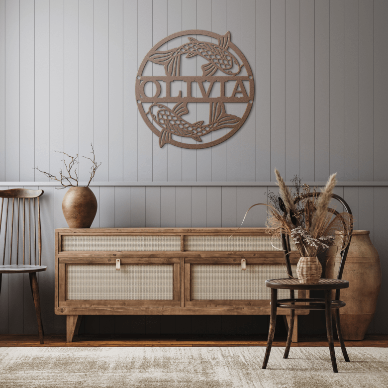 Koi fish metal wall art in hallway, featuring copper tones and tranquil personalization