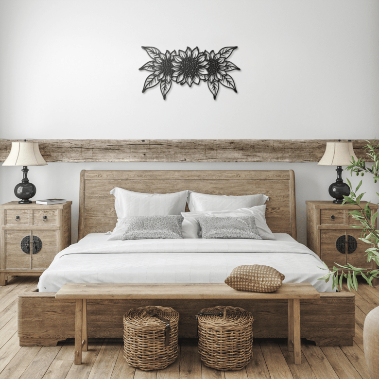 Black triple sunflower metal wall art in a cozy farmhouse bedroom, blending modern elegance with natural inspiration.