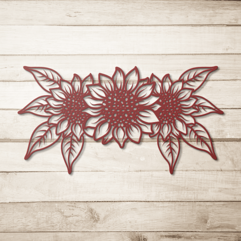 Triple sunflower wall art in red finish photographed on simple wooden background, highlighting rustic charm and bold design.