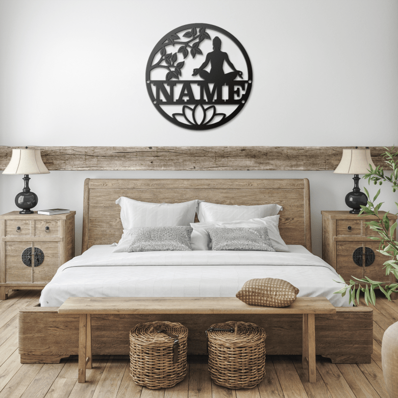 Elegant black yoga wall decor above bed in farmhouse-style bedroom