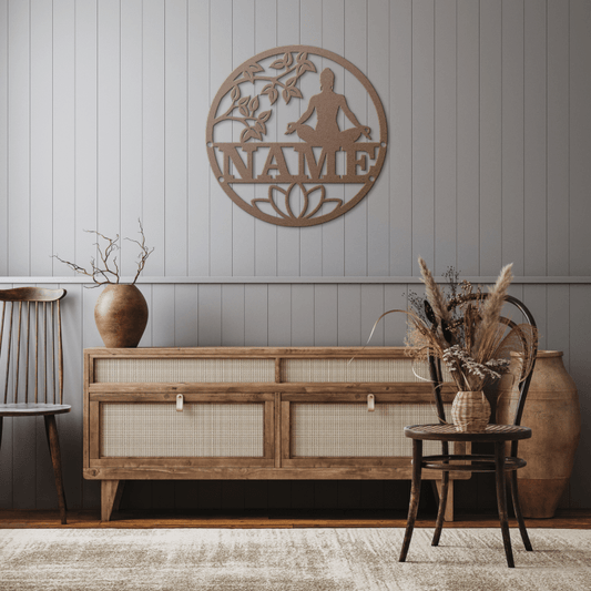 Copper yoga female metal wall art in rustic hallway with warm wood tones