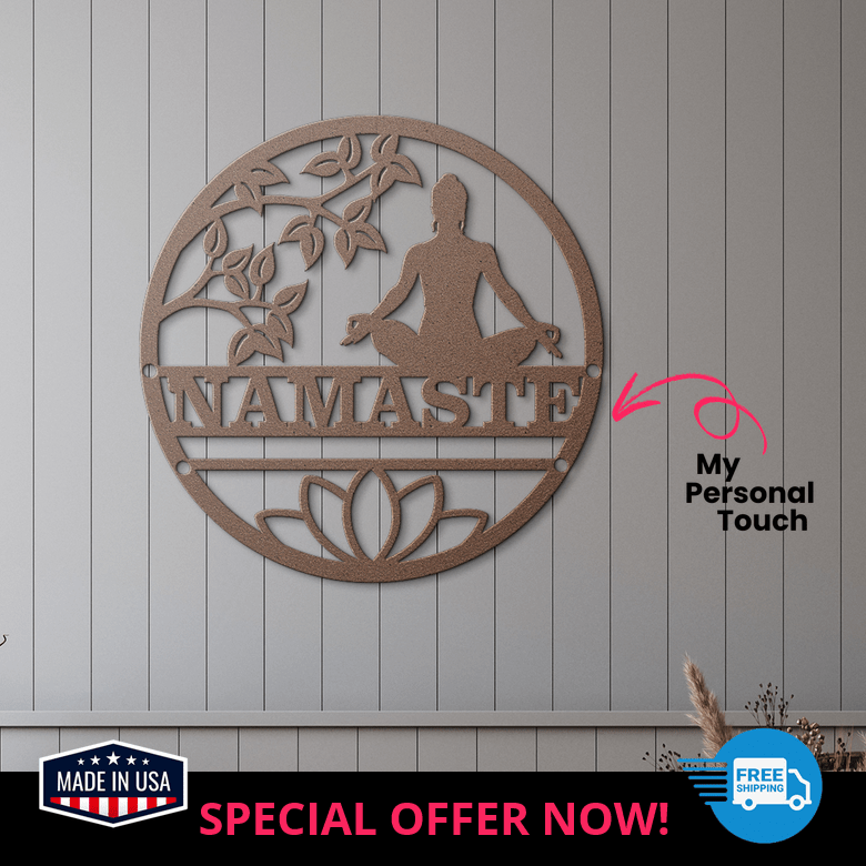 Mindful copper yoga wall decor displayed in cozy rustic-style hallway