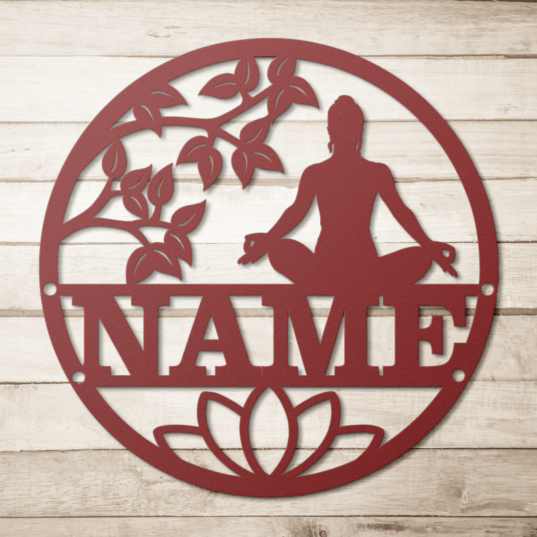 Vibrant red yoga silhouette decor on simple wood-paneled background